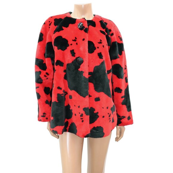 LUXE Y2K Le Chateau Red Black Faux Fur Printed Statement Coat S - Picture 2 of 6